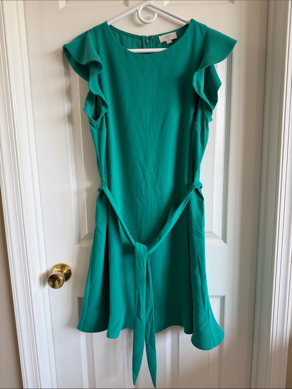 LOFT Teal Ruffle Sleeve Tie-Waist Mini Dress